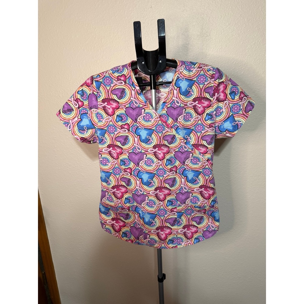 Lot of 2 Womens Scrub Tops Med+Wear Rainbow Heart Butterfly Mock Wrap V-Neck